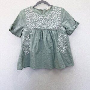 Tea n Rose Light Green Floral Embroidered Cotton Blouse Shirt Top Womens Small